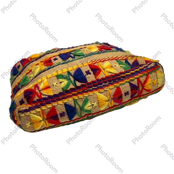 Vintage 70s Burlap Purse Bag Tote Multi Color Embroidery BOHO Hippie 14" - Picture 4 of 9